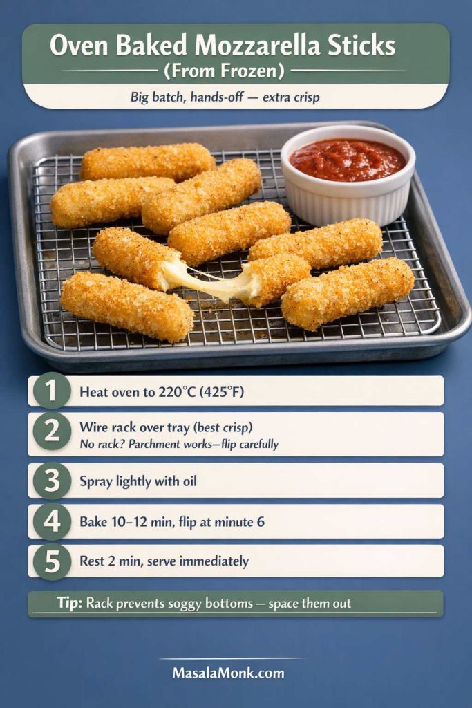 Recipe-card infographic titled “Oven Baked Mozzarella Sticks (From Frozen)” showing breaded mozzarella sticks on a wire rack over a sheet tray with a marinara dip. Text reads “Big batch, hands-off — extra crisp” and lists steps: heat oven to 220°C (425°F); place sticks on a wire rack over a tray (best crisp) or use parchment and flip carefully; spray lightly with oil; bake 10–12 minutes and flip at minute 6; rest 2 minutes and serve immediately. Tip says rack prevents soggy bottoms and to space them out. MasalaMonk.com branding.
