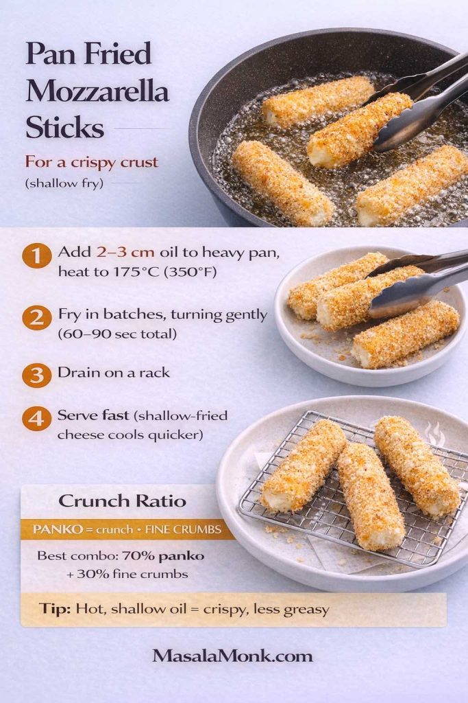 Step-by-step recipe-card titled “Pan Fried Mozzarella Sticks (Shallow Fry)” showing breaded mozzarella sticks frying in a heavy pan with shallow oil, then draining on a rack. Text lists steps: add 2–3 cm oil to a heavy pan and heat to 175°C (350°F); fry in batches, turning gently, for 60–90 seconds total; drain on a rack; serve fast because shallow-fried cheese cools quicker. A tip notes hot shallow oil helps keep them crispy with less grease. MasalaMonk.com branding.