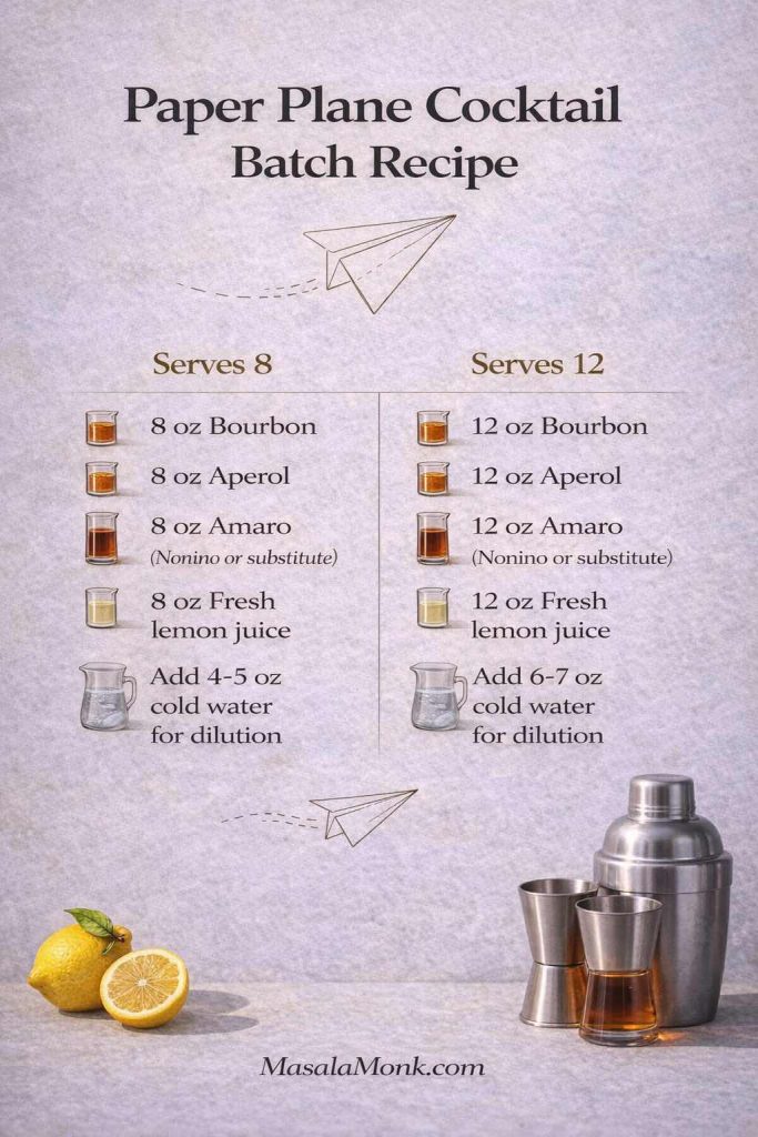 Paper Plane cocktail batch recipe infographic with icons, showing serves 8 and serves 12 measurements for bourbon, Aperol, amaro, fresh lemon juice, plus cold water dilution amounts.