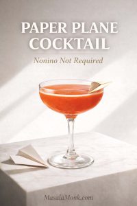 Paper Plane cocktail in a coupe glass on white marble with a folded paper plane garnish, “Nonino Not Required” cover for MasalaMonk.com
