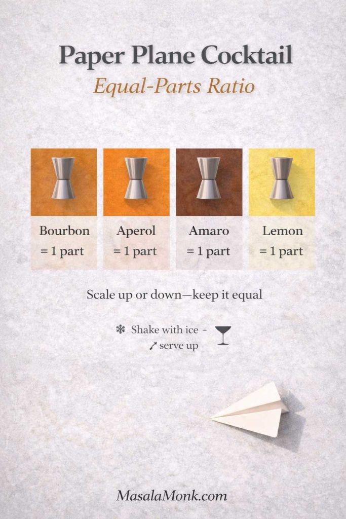 Paper Plane cocktail equal-parts ratio guide showing bourbon, Aperol, amaro, and lemon as 1 part each, with notes to shake with ice and serve up.