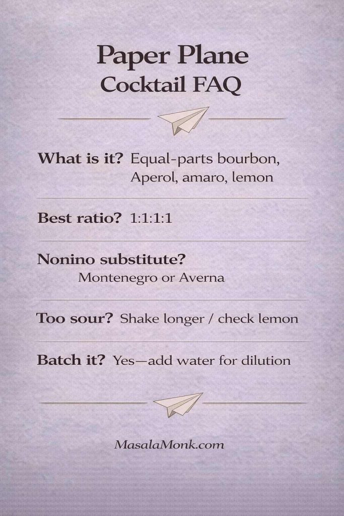 Paper Plane cocktail FAQ infographic with quick answers on what it is, the 1:1:1:1 ratio, Nonino substitutes like Montenegro or Averna, how to fix sourness, and how to batch it.