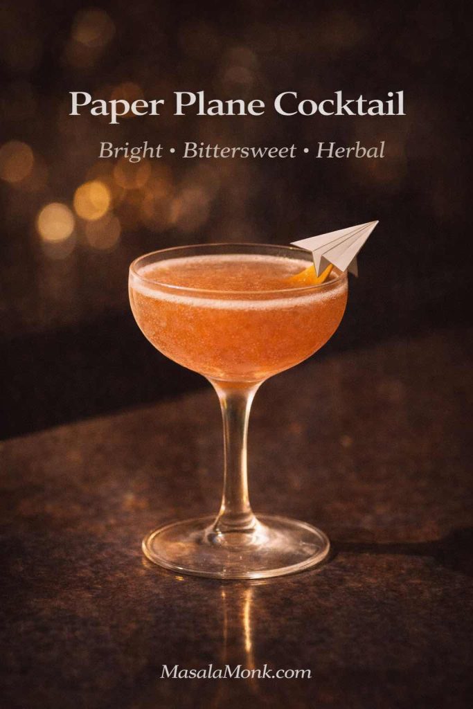 Paper Plane cocktail served up in a coupe glass with a paper airplane pick and text overlay “Paper Plane Cocktail — Bright • Bittersweet • Herbal,” with MasalaMonk.com in the footer.