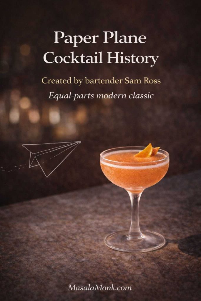 Paper Plane cocktail history graphic with a coupe glass on a bar backdrop and text noting it was created by bartender Sam Ross as an equal-parts modern classic.