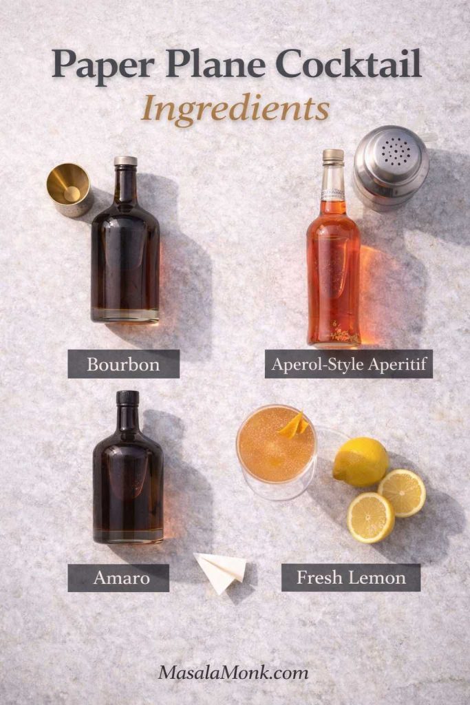 Paper Plane cocktail ingredients flat lay labeled bourbon, Aperol-style aperitif, amaro, and fresh lemon on a light stone background with MasalaMonk.com footer.