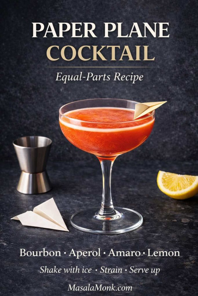 Paper Plane cocktail recipe card showing an equal-parts mix of bourbon, Aperol, amaro, and lemon in a coupe glass with a paper plane garnish on dark slate.