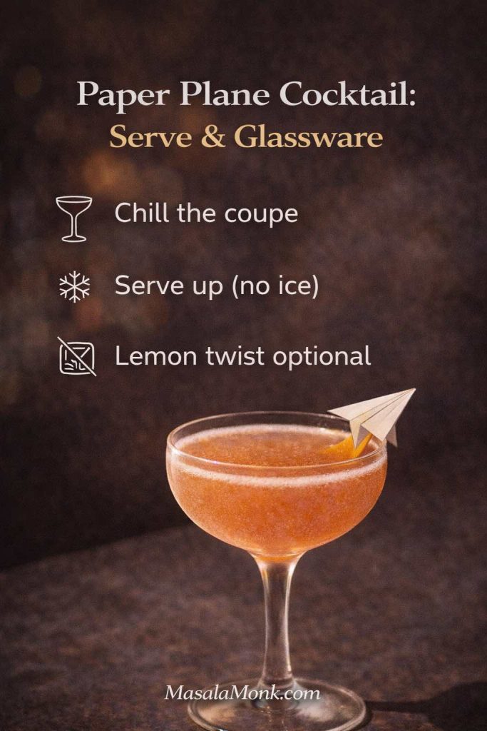 Paper Plane cocktail serve and glassware infographic showing a coupe glass and tips to chill the coupe, serve up with no ice, and add an optional lemon twist.