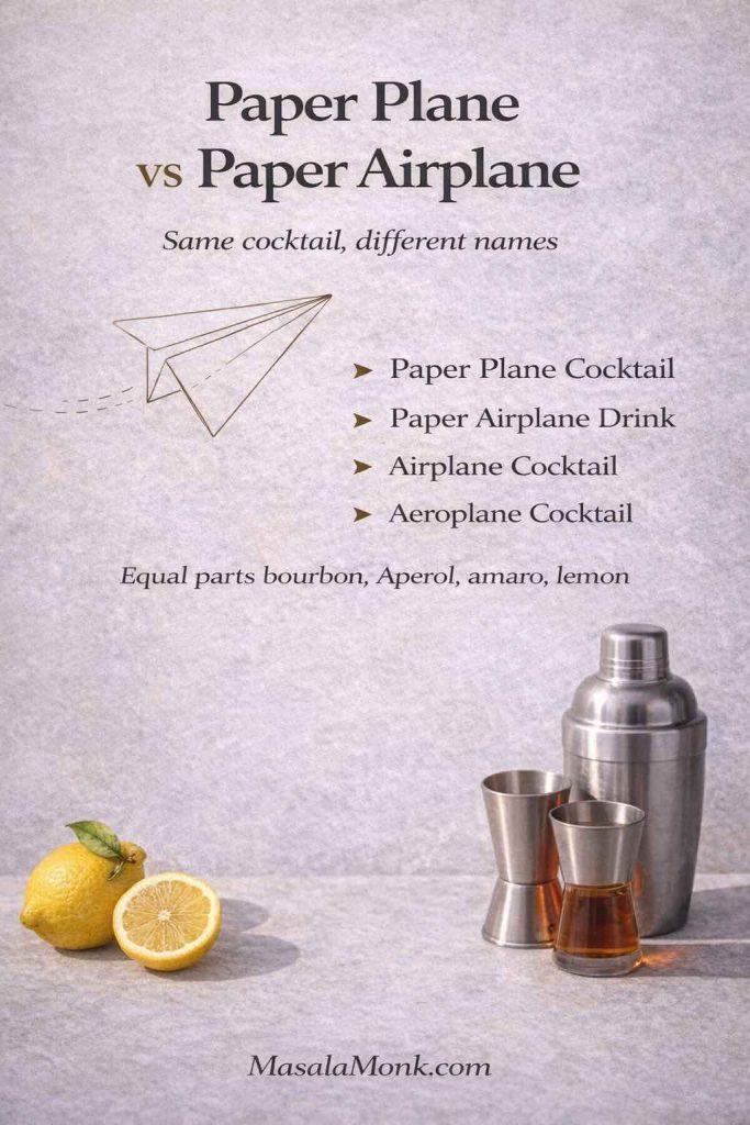 Infographic titled “Paper Plane vs Paper Airplane” showing alternate names—Paper Plane cocktail, paper airplane drink, airplane cocktail, aeroplane cocktail—and the equal-parts ingredients bourbon, Aperol, amaro, lemon, with MasalaMonk.com footer.