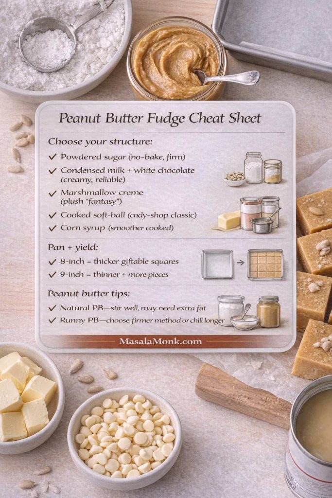 Photorealistic ‘Peanut Butter Fudge Cheat Sheet’ infographic. Lists how to choose a peanut butter fudge method: powdered sugar no-bake, condensed milk with white chocolate, marshmallow creme ‘fantasy’ style, cooked soft-ball, and corn syrup for smoother cooked fudge. Includes pan size guidance (8-inch thicker squares, 9-inch thinner more pieces) and peanut butter tips for natural vs runny peanut butter. MasalaMonk.com branding.