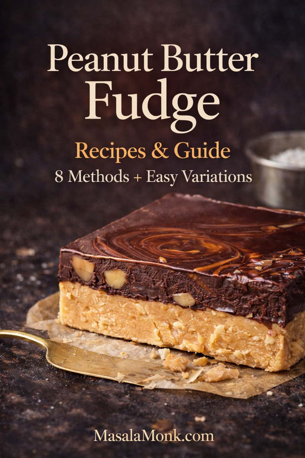Peanut butter fudge cover image with a thick buckeye-style layered fudge square and text “Peanut Butter Fudge: Recipes & Guide – 8 Methods + Easy Variations.”