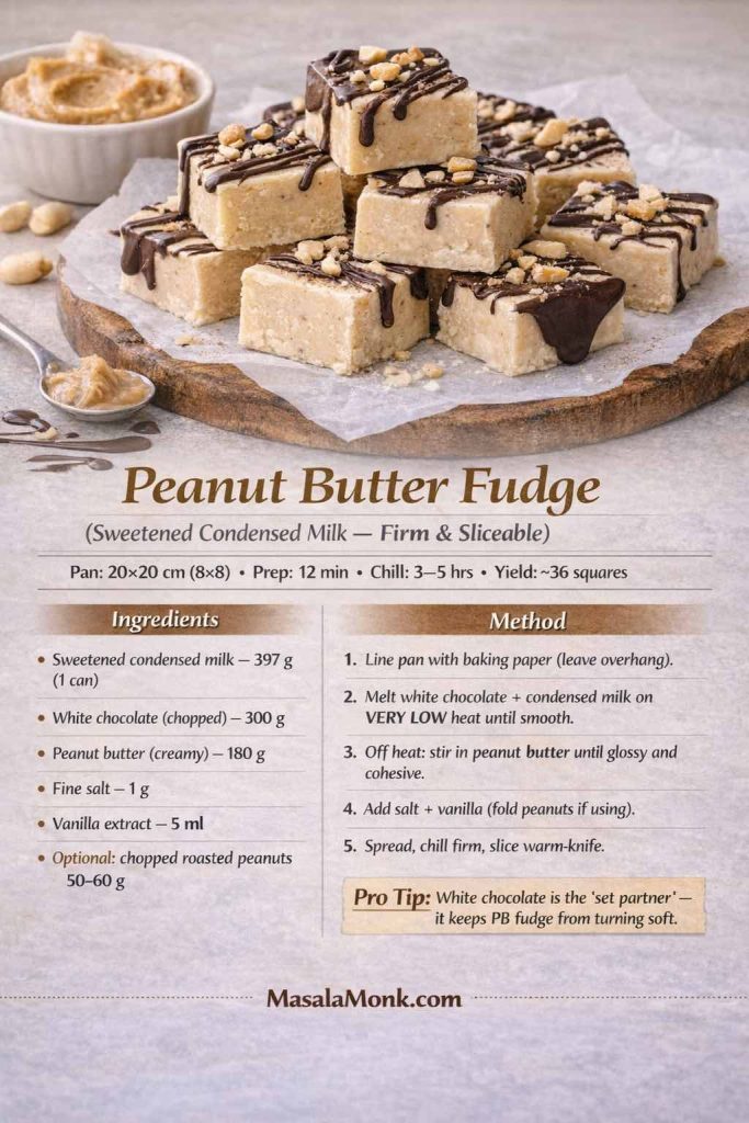 Recipe card image for peanut butter fudge made with sweetened condensed milk. Shows tan peanut butter fudge squares drizzled with dark chocolate and topped with chopped peanuts. The card lists pan size (20×20 cm), prep time (12 min), chill time (3–5 hrs), yield (~36 squares), ingredients in grams (condensed milk, white chocolate, peanut butter, salt, vanilla, optional chopped peanuts), a 5-step method using very low heat, a pro tip explaining white chocolate as the “set partner” to prevent soft fudge, and MasalaMonk.com branding in the footer.