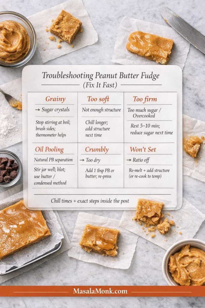 Troubleshooting infographic for peanut butter fudge with quick fixes for common problems: grainy texture (sugar crystals), fudge too soft, too firm, oil pooling from natural peanut butter separation, crumbly/dry fudge, and fudge that won’t set. Includes simple solutions like chilling longer, adjusting structure, stirring techniques for cooked fudge, and re-pressing, with MasalaMonk.com branding.