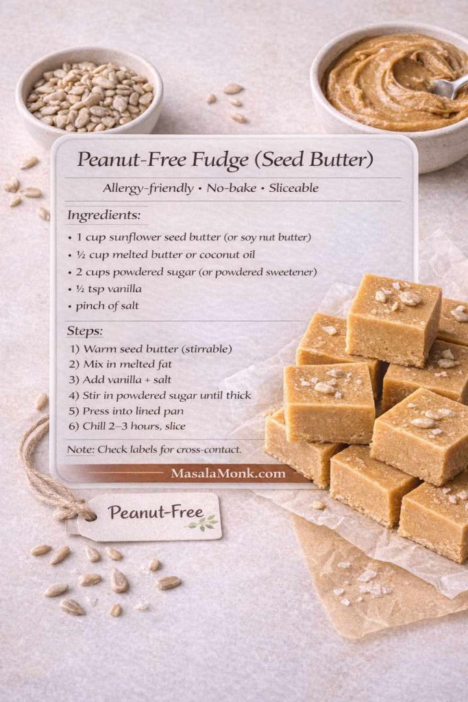 Photorealistic recipe card for peanut-free fudge made with seed butter. Shows sunflower seed butter (or soy nut butter) fudge squares and lists ingredients (seed butter, melted butter or coconut oil, powdered sugar or powdered sweetener, vanilla, salt) and steps to warm, mix, press into a lined pan, and chill 2–3 hours. Includes safety note to check labels for cross-contact. MasalaMonk.com branding.
