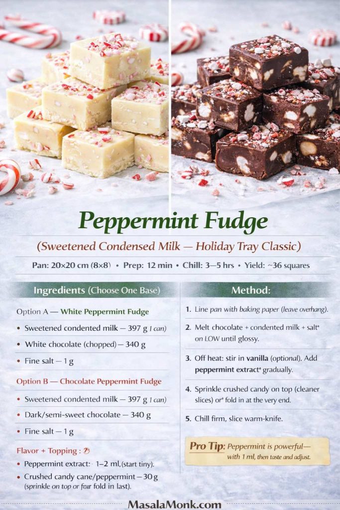 Recipe card image for peppermint fudge made with sweetened condensed milk, showing two versions side-by-side: white peppermint fudge and chocolate peppermint fudge, both topped with crushed candy cane pieces. The card includes pan size (20×20 cm), prep time (12 min), chill time (3–5 hrs), yield (~36 squares), ingredients for each base in grams (condensed milk, white chocolate or dark chocolate, salt), flavor/topping amounts (peppermint extract 1–2 ml, crushed candy cane 30 g), a 5-step low-heat method, a pro tip to start with 1 ml peppermint extract and adjust, and MasalaMonk.com branding in the footer.