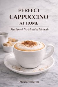 Perfect cappuccino at home in a white cup on a marble counter with cocoa-dusted foam, plus text overlay: Machine & No-Machine Methods (MasalaMonk.com).