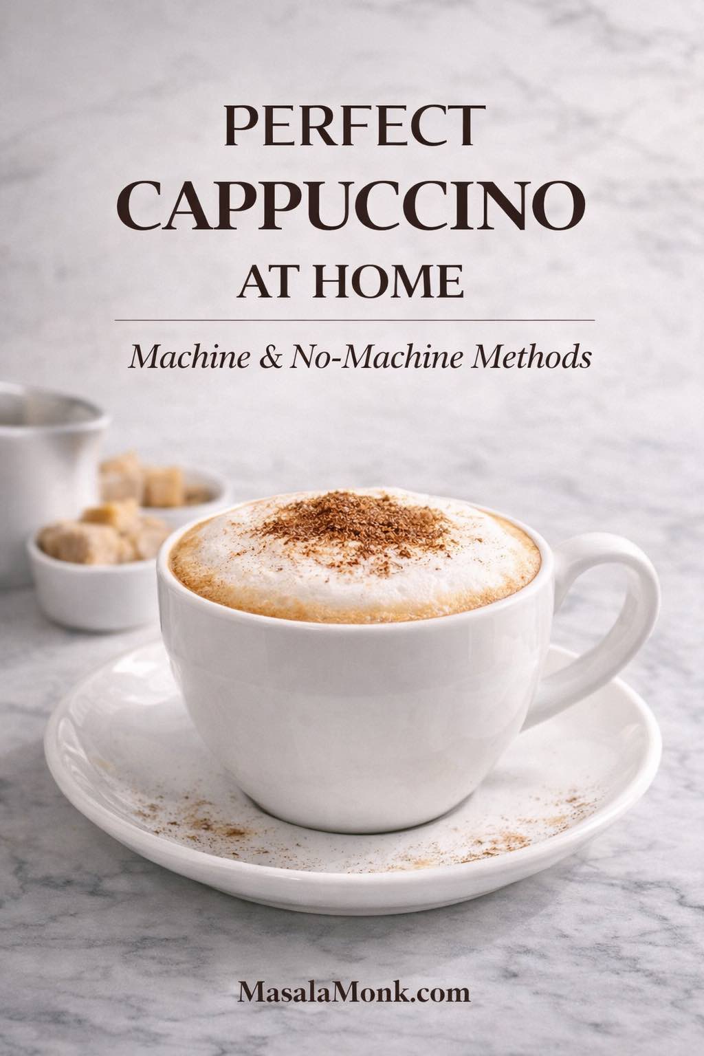 Perfect cappuccino at home in a white cup on a marble counter with cocoa-dusted foam, plus text overlay: Machine & No-Machine Methods (MasalaMonk.com).