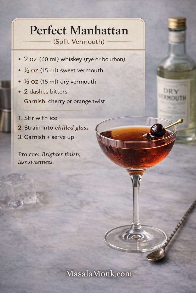 Perfect Manhattan recipe card with split vermouth measurements in oz and ml, showing whiskey, sweet vermouth, dry vermouth, bitters, and a cherry-garnished cocktail, MasalaMonk.com