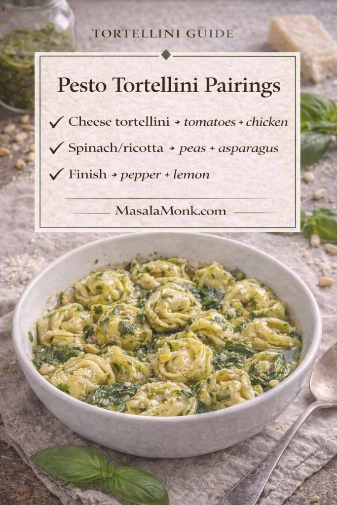 Pesto tortellini pairings guide card showing what to add to pesto tortellini: cheese tortellini with tomatoes and chicken, spinach and ricotta tortellini with peas and asparagus, and a pepper and lemon finish.