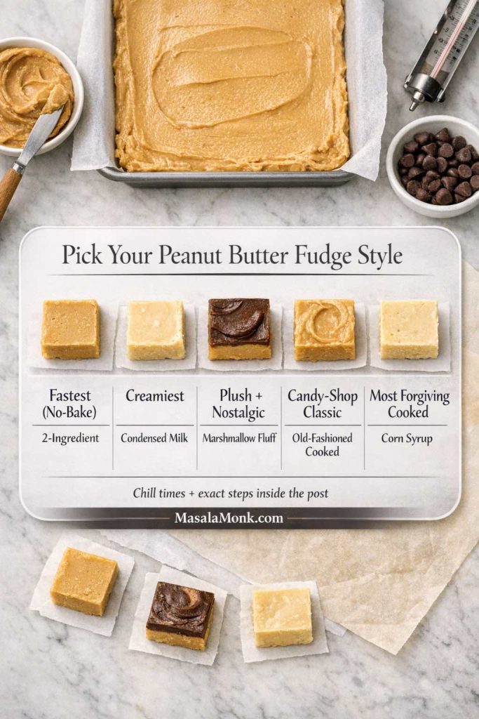 Quick chooser infographic for peanut butter fudge styles. Shows five options with fudge squares: 2-ingredient no-bake (fastest), condensed milk (creamiest), marshmallow fluff (plush nostalgic), old-fashioned cooked (candy-shop classic), and corn syrup method (most forgiving cooked). Includes MasalaMonk.com branding.
