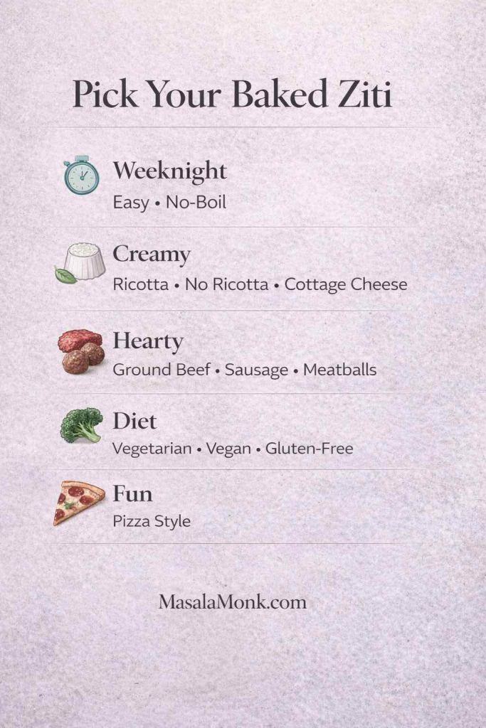 Pick your baked ziti variations guide showing options for weeknight (easy, no-boil), creamy (ricotta, no ricotta, cottage cheese), hearty (ground beef, sausage, meatballs), diet (vegetarian, vegan, gluten-free), and pizza baked ziti.