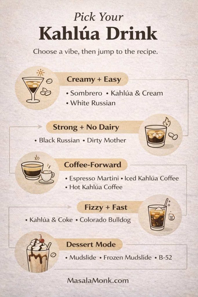 Pick your Kahlúa drink infographic that helps choose the best Kahlúa cocktails by vibe—creamy, strong no-dairy, coffee-forward, fizzy, or dessert.