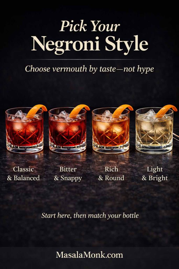 Pick Your Negroni Style guide showing four Negroni variations—Classic & Balanced, Bitter & Snappy, Rich & Round, and Light & Bright—to help choose the best vermouth for a Negroni.