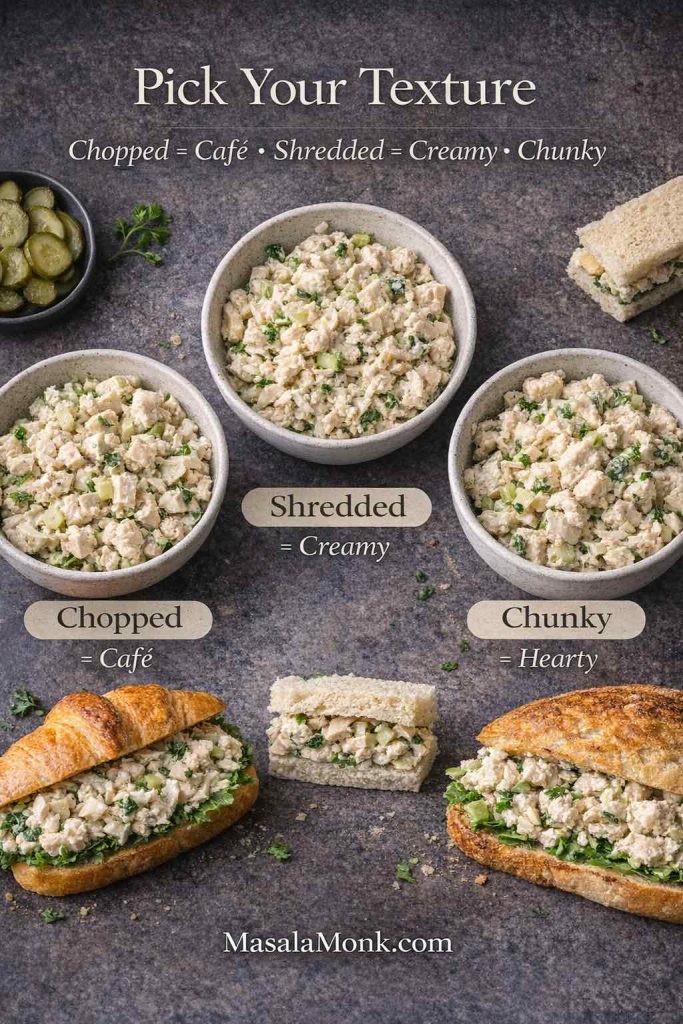 Texture changes everything: chopped chicken salad makes a café-style sandwich, shredded turns extra creamy, and chunky gives a hearty, deli-like bite—choose the style before you mix.