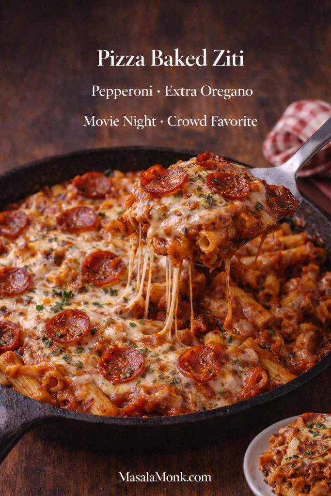 Pizza baked ziti with pepperoni and melted mozzarella in a skillet, showing a cheesy slice being lifted, labeled pepperoni and extra oregano.