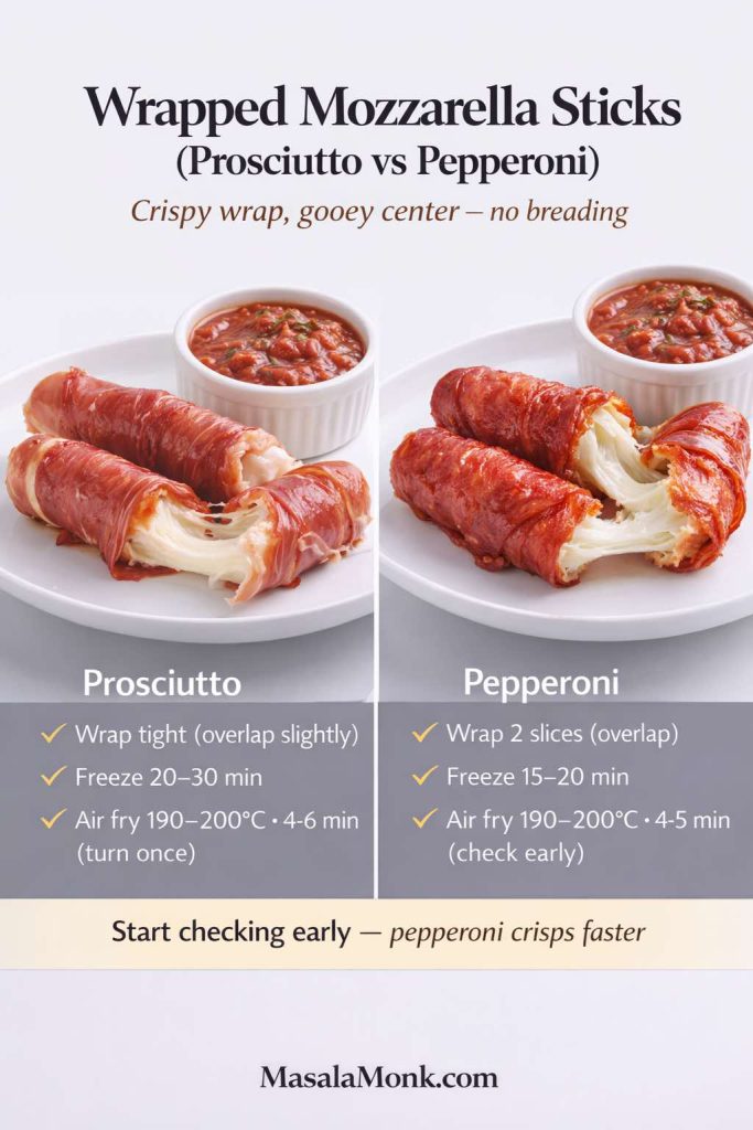 Split recipe-card image titled “Wrapped Mozzarella Sticks (Prosciutto vs Pepperoni)” showing two plates of mozzarella sticks wrapped in prosciutto on the left and pepperoni on the right, each with marinara sauce. Text says “Crispy wrap, gooey center — no breading.” Prosciutto instructions: wrap tight (overlap slightly), freeze 20–30 minutes, air fry 190–200°C for 4–6 minutes (turn once). Pepperoni instructions: wrap 2 slices (overlap), freeze 15–20 minutes, air fry 190–200°C for 4–5 minutes (check early). Tip says pepperoni crisps faster. MasalaMonk.com branding.