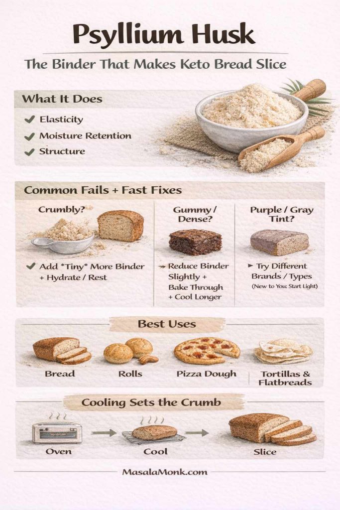 Vertical infographic titled “Psyllium Husk: The Binder That Makes Keto Bread Slice.” Shows what psyllium does (elasticity, moisture retention, structure), common fails with fixes (crumbly: add a tiny bit more binder + rest; gummy/dense: reduce binder slightly + bake through + cool longer; purple/gray tint: try different brands/types), best uses (bread, rolls, pizza dough, tortillas/flatbreads), and a reminder that cooling sets the crumb before slicing. MasalaMonk.com footer.