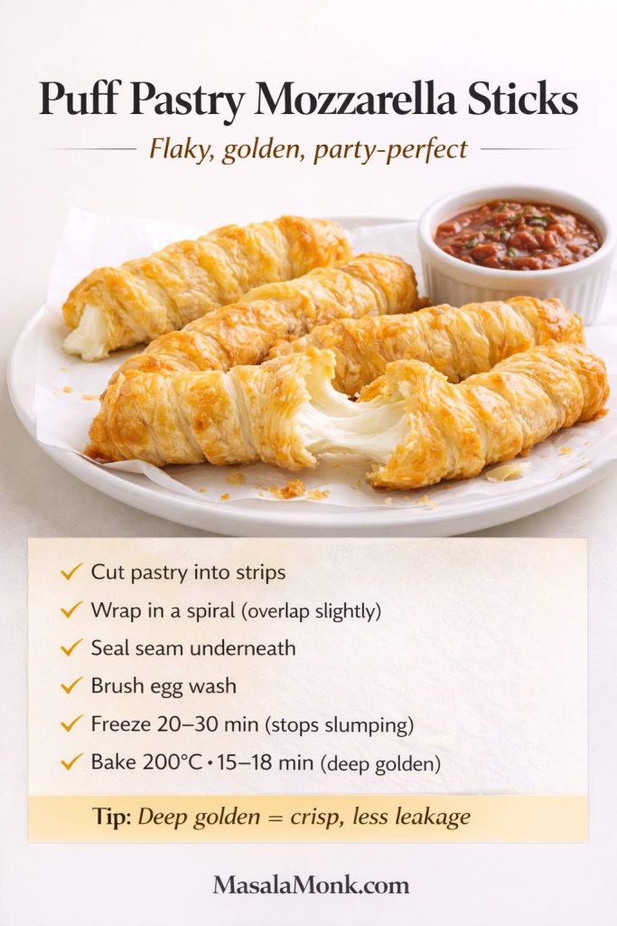 Recipe-card image titled “Puff Pastry Mozzarella Sticks” showing golden, flaky puff pastry-wrapped mozzarella sticks on a white plate with a cheese pull and a ramekin of marinara sauce. On-image instructions say: cut pastry into strips, wrap in a spiral (overlap slightly), seal seam underneath, brush egg wash, freeze 20–30 minutes to stop slumping, then bake at 200°C for 15–18 minutes until deep golden. Tip notes deep golden equals crisp with less leakage. MasalaMonk.com branding.