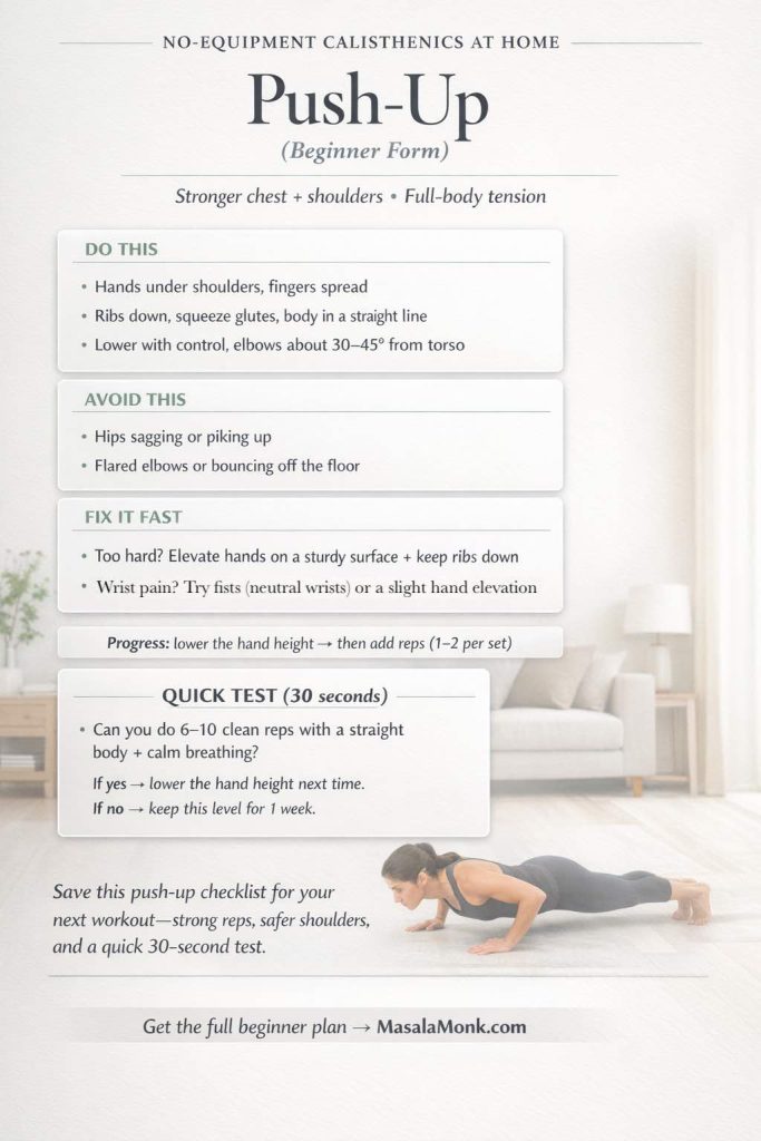 Portrait infographic: “Push-Up (Beginner Form)” for no-equipment calisthenics at home. Shows push-up cues (hands under shoulders with fingers spread; ribs down and glutes squeezed with body in a straight line; lower with control with elbows about 30–45° from the torso), mistakes to avoid (hips sagging or piking up; flared elbows or bouncing off the floor), quick fixes (elevate hands on a sturdy surface and keep ribs down; for wrist pain use fists/neutral wrists or a slight hand elevation), a one-line progression (lower the hand height, then add reps 1–2 per set), and a 30-second quick test for 6–10 clean reps with calm breathing, with MasalaMonk.com branding.