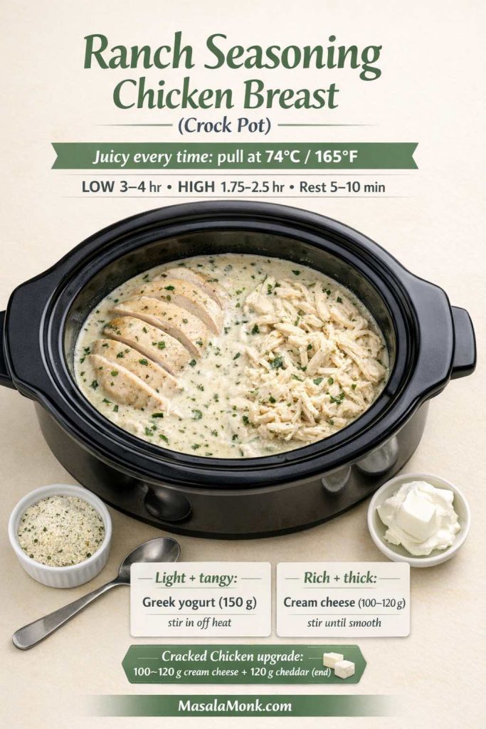 Ranch seasoning chicken breast in a crock pot with creamy sauce. Text overlay shows: pull chicken at 74°C / 165°F, LOW 3–4 hours, HIGH 1.75–2.5 hours, rest 5–10 minutes. Bottom cards compare lighter finish (Greek yogurt) vs rich finish (cream cheese) and include a ‘cracked chicken’ upgrade with cream cheese + cheddar.