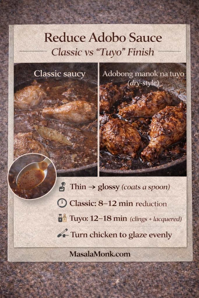 Split comparison infographic titled “Reduce Adobo Sauce: Classic vs ‘Tuyo’ Finish.” Left panel shows chicken simmering in a thinner, saucy adobo with bay leaves, labeled “Classic saucy.” Right panel shows adobong manok na tuyo (dry-style) with chicken coated in thick, lacquered sauce. A spoon inset shows sauce coating. Text notes: thin to glossy (coats a spoon), classic reduction 8–12 minutes, tuyo 12–18 minutes (clings and lacquered), and to turn chicken to glaze evenly. MasalaMonk.com appears in the footer.