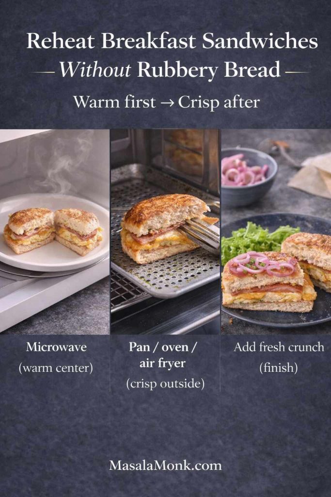 Reheat breakfast sandwiches without rubbery bread infographic showing a three-step method: microwave to warm, pan/oven/air fryer to crisp, then add fresh crunch.