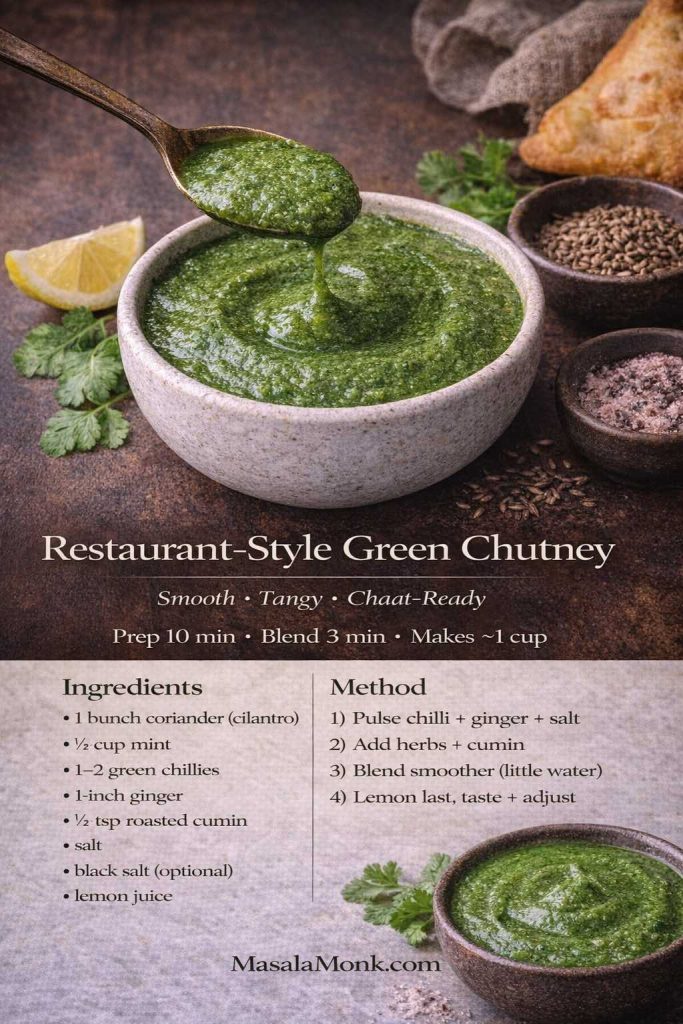 Save this restaurant-style green chutney recipe card for a smoother, tangier coriander–mint chutney—perfect as a chaat chutney for samosas, pakoras, and street-style snacks when you want that bright, punchy finish.