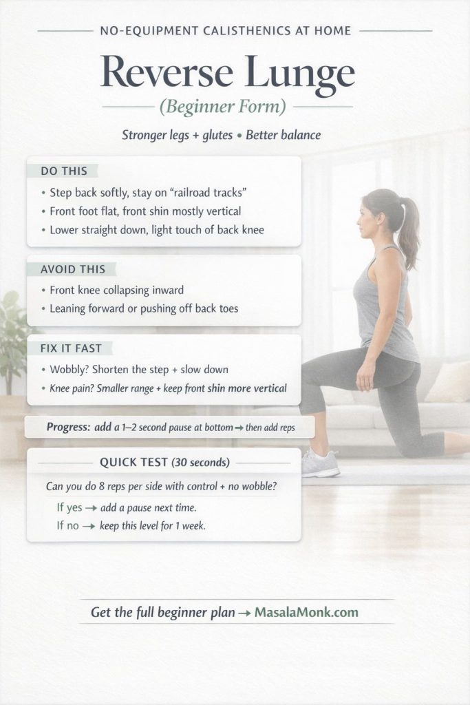 Portrait infographic: “Reverse Lunge (Beginner Form)” for no-equipment calisthenics at home. Shows reverse lunge cues (step back softly on “railroad tracks”; front foot flat with front shin mostly vertical; lower straight down with a light touch of the back knee), mistakes to avoid (front knee collapsing inward; leaning forward or pushing off back toes), quick fixes (shorten the step and slow down; use a smaller range and keep the front shin more vertical), a one-line progression (add a 1–2 second pause at the bottom then add reps), a 30-second quick test for 8 controlled reps per side with no wobble, and MasalaMonk.com branding.