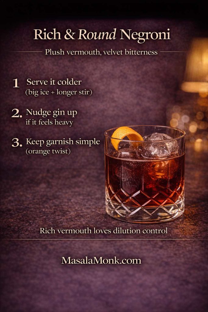 Rich & Round Negroni guide showing a dark ruby Negroni with orange twist and three tips for using rich sweet vermouth: serve it colder with big ice, nudge gin up if it feels heavy, and keep garnish simple, with MasalaMonk.com footer.