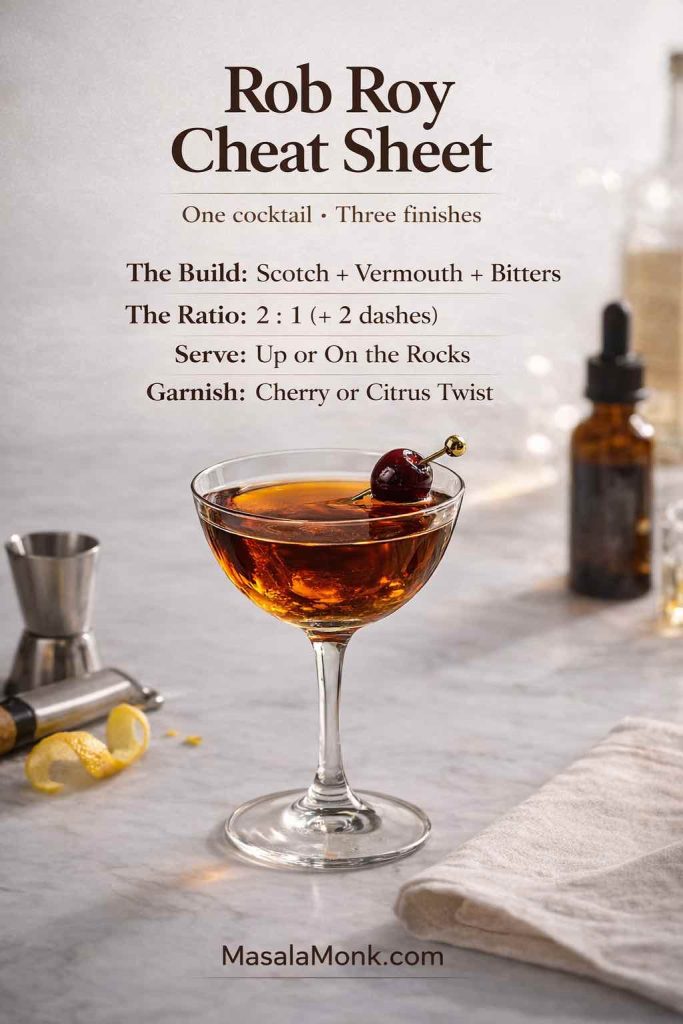 Rob Roy cheat sheet showing the cocktail build (Scotch, vermouth, bitters), the 2:1 ratio, serving options (up or on the rocks), and garnish ideas, styled as a premium photo on marble with MasalaMonk.com branding.