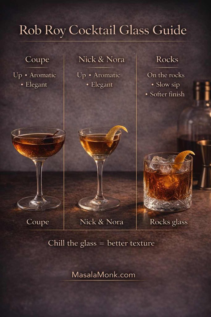 Glass choice changes the entire feel of a Rob Roy: coupe or Nick & Nora keeps it focused and aromatic “up,” while a rocks glass stretches the sip and softens the finish—chill whichever glass you use for a smoother pour.
