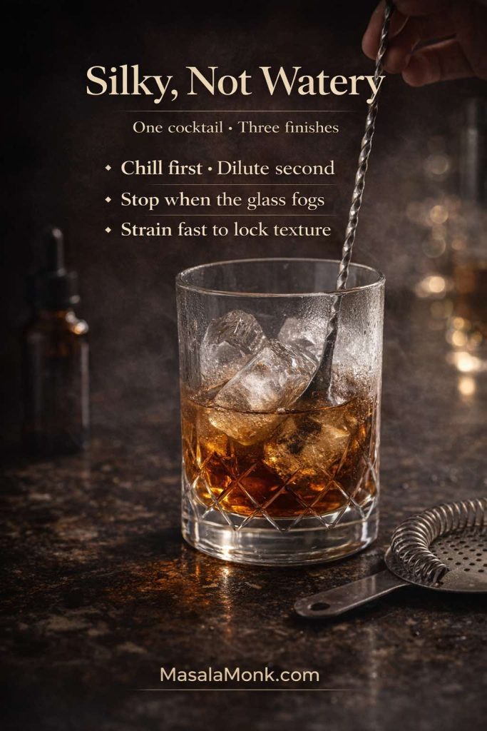 Close-up of a bartender stirring a Rob Roy cocktail over clear ice with a bar spoon, showing a stirring guide for smooth texture and proper dilution, with MasalaMonk.com branding.