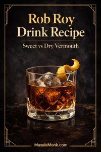 Photorealistic magazine-style cover of a Rob Roy drink recipe in a cut-crystal rocks glass with large ice and lemon twist, featuring “Sweet vs Dry Vermouth” and MasalaMonk.com.