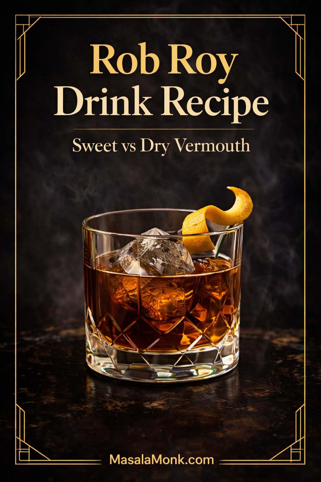 Photorealistic magazine-style cover of a Rob Roy drink recipe in a cut-crystal rocks glass with large ice and lemon twist, featuring “Sweet vs Dry Vermouth” and MasalaMonk.com.