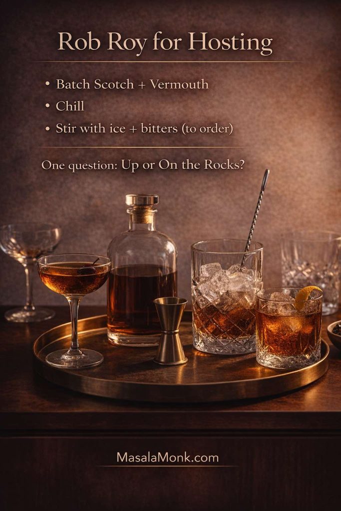 Rob Roy for hosting guide showing a batched Scotch and vermouth bottle, a coupe Rob Roy, a rocks-glass Rob Roy, mixing tools, and text overlay with steps to batch, chill, and stir with ice and bitters to order, branded MasalaMonk.com.