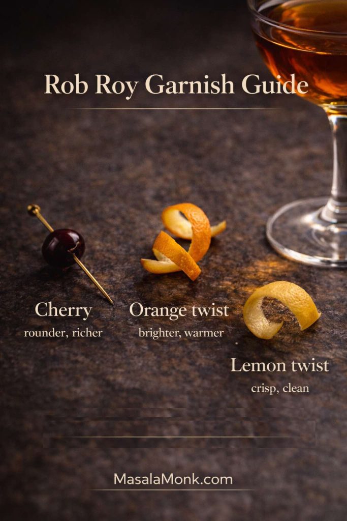 Rob Roy garnish guide showing three options—cherry, orange twist, and lemon twist—with notes on flavor impact (richer, brighter, crisper) beside a Rob Roy cocktail, branded MasalaMonk.com.