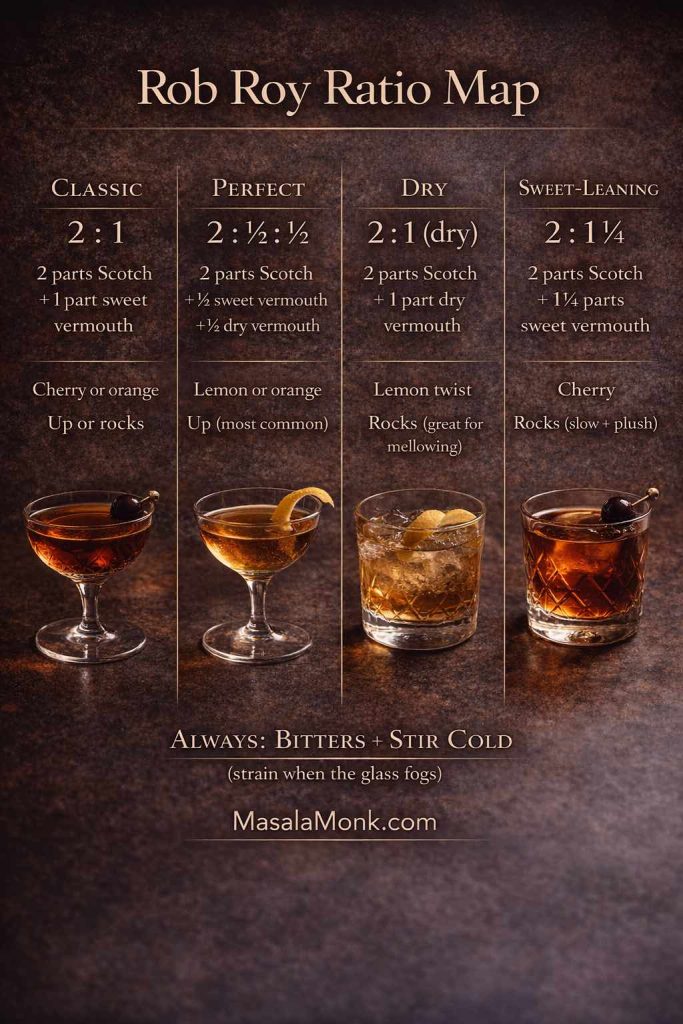 Rob Roy ratio map showing four cocktail versions—Classic, Perfect, Dry, and Sweet-leaning—with the exact Scotch-to-vermouth ratios, garnish cues, and serving style notes, branded MasalaMonk.com.
