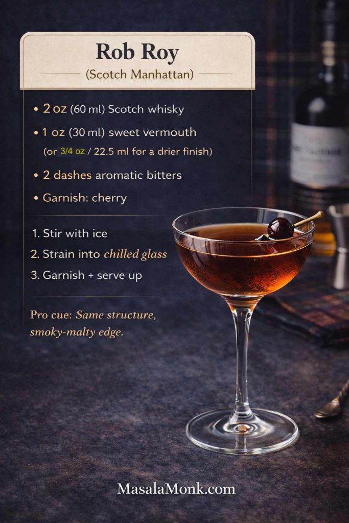 Rob Roy recipe card (Scotch Manhattan) with oz and ml measurements showing Scotch whisky, sweet vermouth, bitters, and cherry garnish, MasalaMonk.com