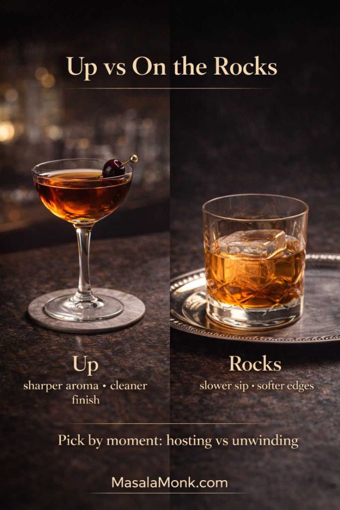 Up vs On the Rocks comparison for a Rob Roy cocktail, showing an “up” Rob Roy in a coupe glass and an “on the rocks” Rob Roy in a cut-crystal rocks glass with ice, with text overlay and MasalaMonk.com branding.