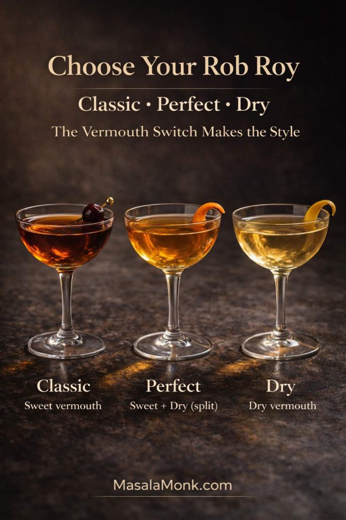 Choose Your Rob Roy guide showing three Rob Roy cocktail variations—Classic, Perfect, and Dry—with garnish cues and the vermouth switch (sweet, sweet+dry split, dry), branded MasalaMonk.com.