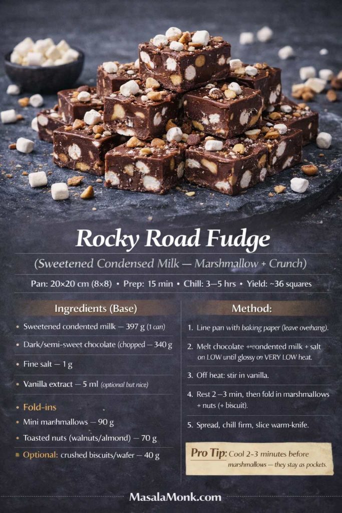 Recipe card image for rocky road fudge made with sweetened condensed milk. Shows chunky chocolate fudge squares on a dark slate background with visible mini marshmallows and toasted nuts, plus extra marshmallows scattered around. Text overlay includes pan size (20×20 cm), prep time (15 min), chill time (3–5 hrs), yield (~36 squares), base ingredients in grams (sweetened condensed milk, dark/semi-sweet chocolate, salt, optional vanilla), fold-ins (mini marshmallows, toasted nuts, optional crushed biscuits/wafer), a 5-step method, a pro tip to cool 2–3 minutes before adding marshmallows so they stay as pockets, and MasalaMonk.com branding in the footer.